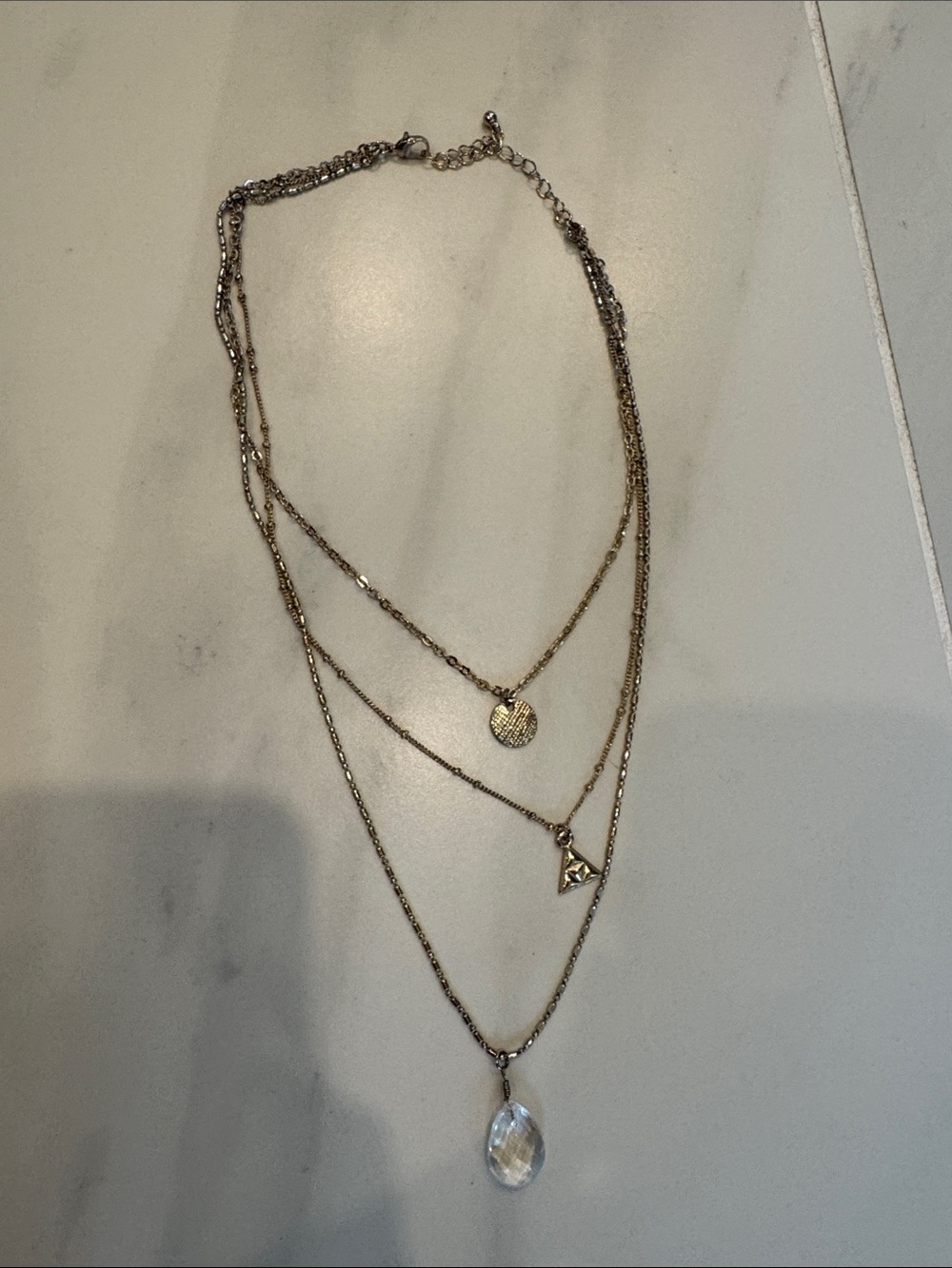 Layered Gold-Tone Pendant Necklace with Crystal Drop